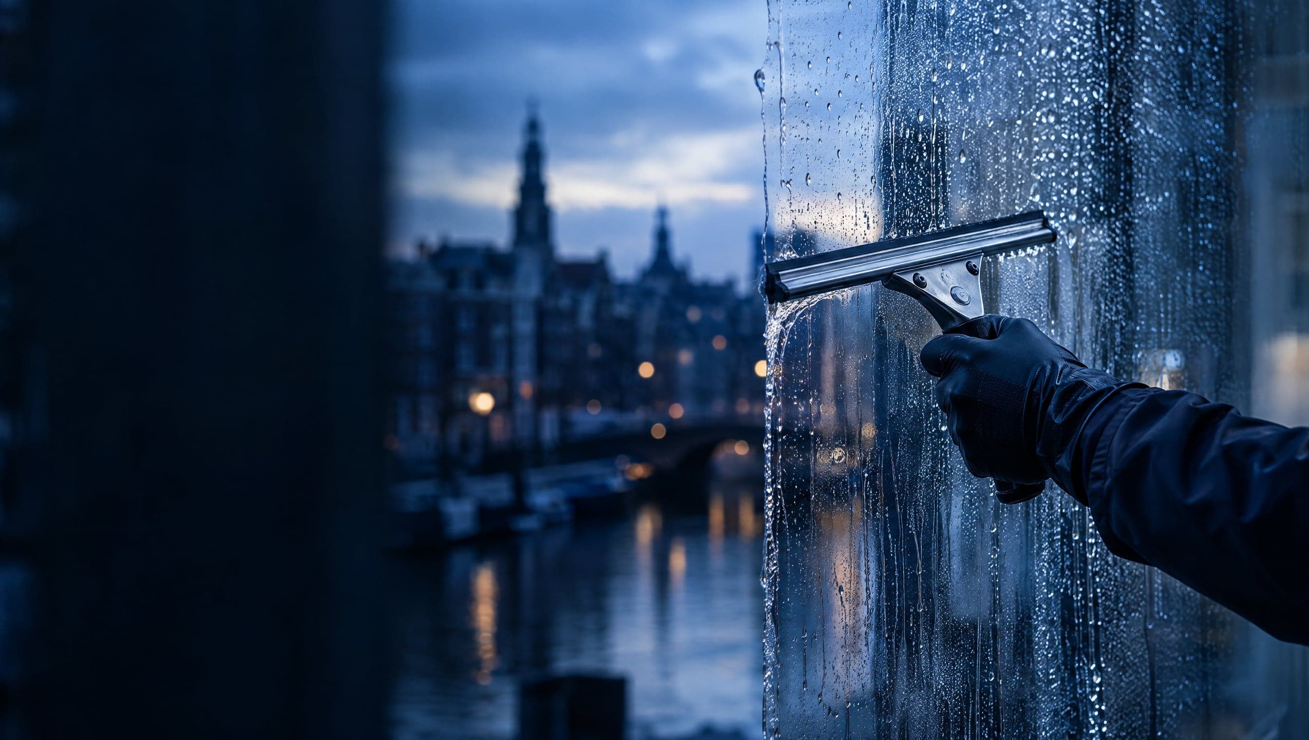 Glazenwasser trekt in de vroege ochtend met een wisser een natte ruit droog