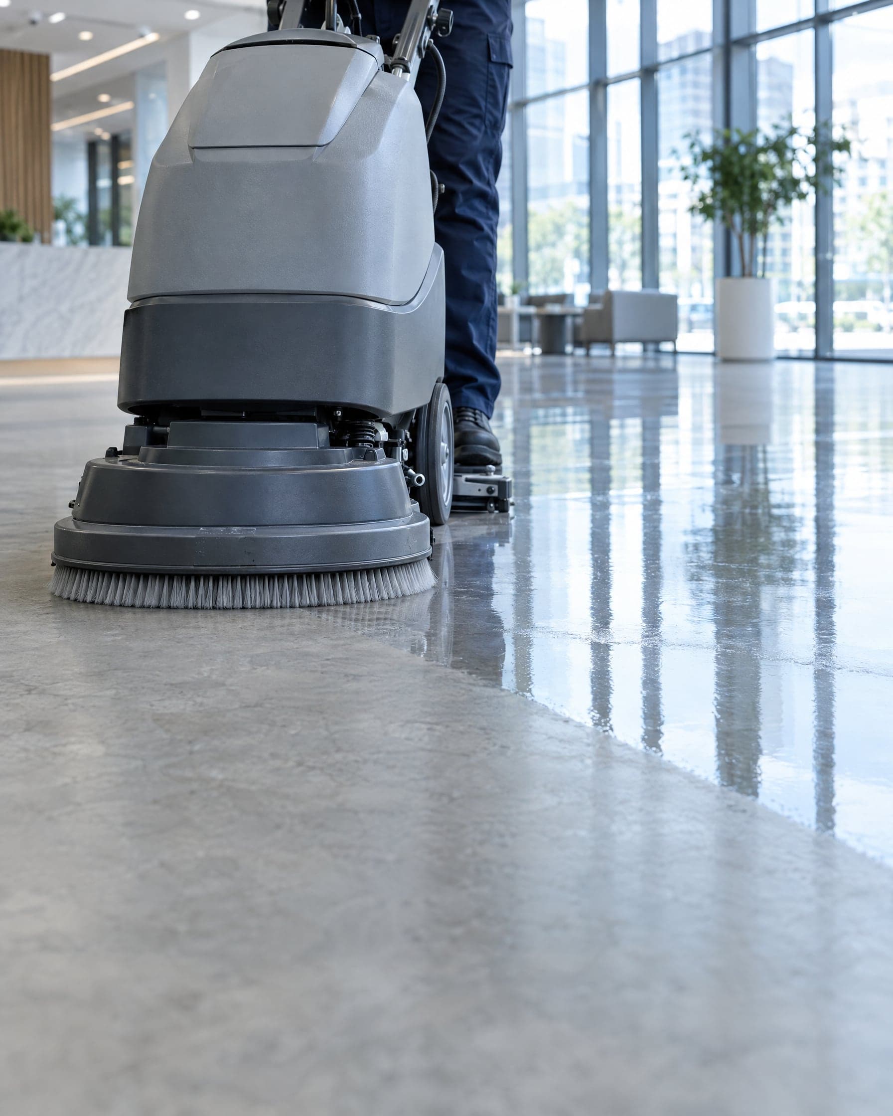 Schrobzuigmachine maakt een lichtgrijze betonvloer in een kantoorhal schoon